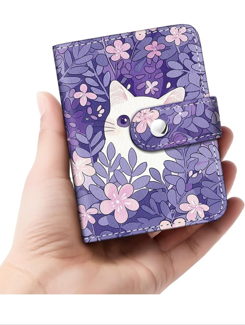 Purple Floral Cat Card Holder Wallet - Cute Compact Phone Accessory